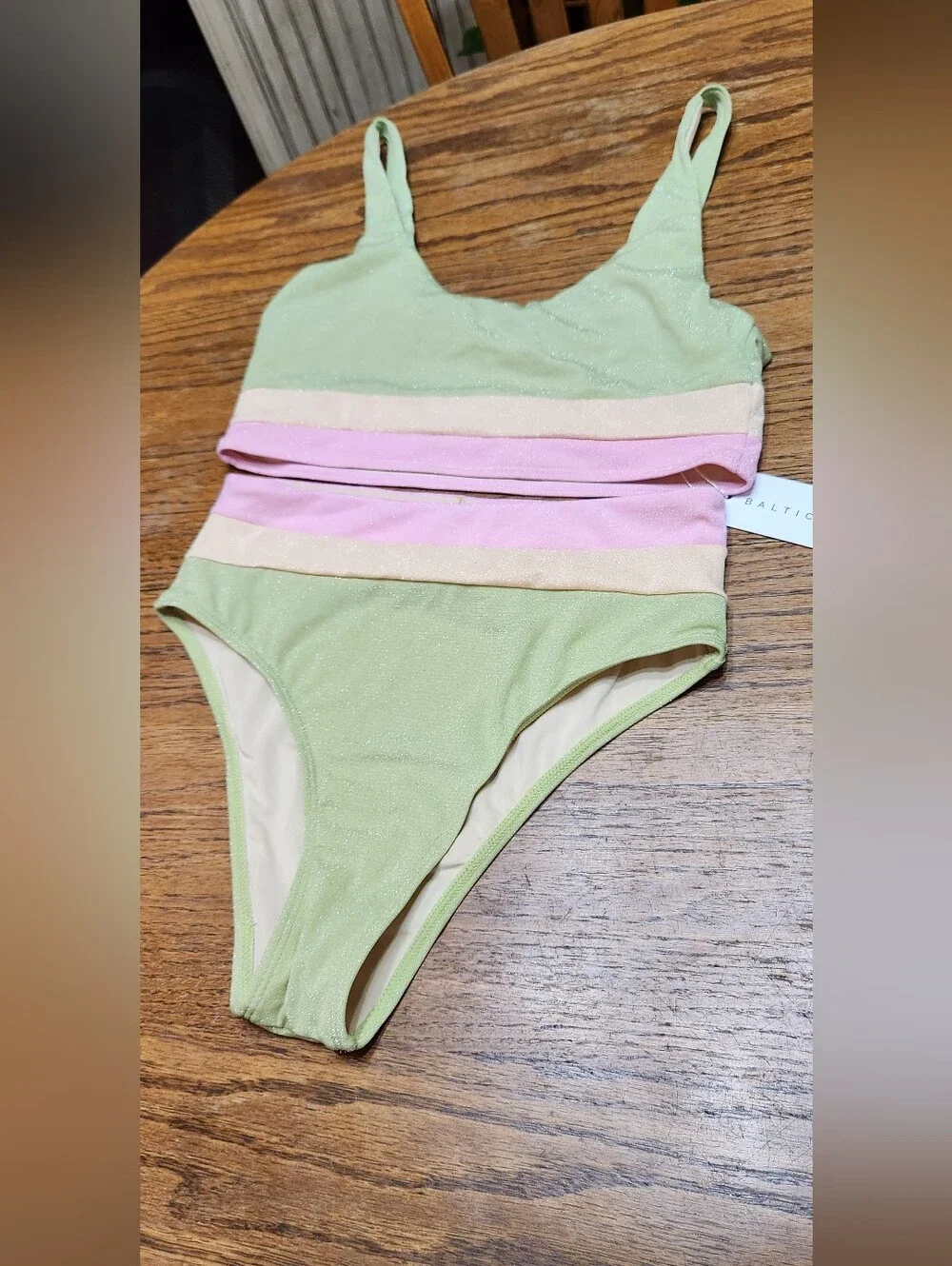 Beach Joy I Two-Piece Mint & Pink Stripe Swim Set Top Med Bottom Small NEW